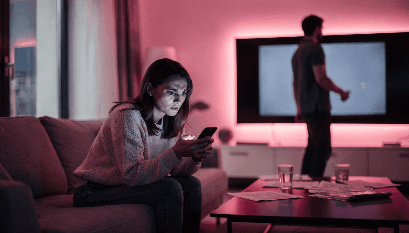 Woman looking at her phone wondering if her boyfriend is cheating
